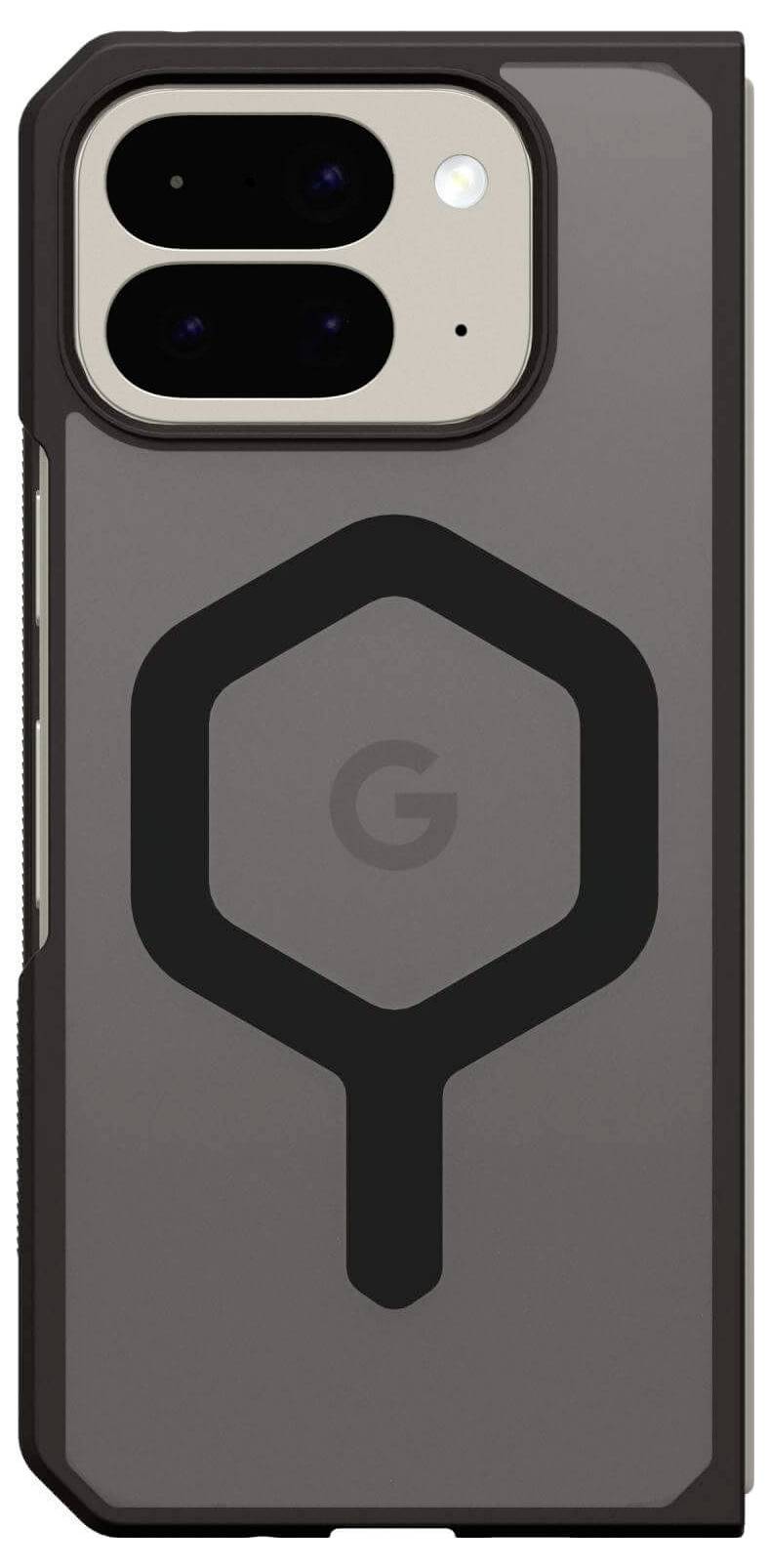 Smartfon z podwójnym obiektywem aparatu w szarej obudowie, na której tylnej części znajduje się stylizowane logo przypominające literę 'G' wpisaną w sześciokąt.