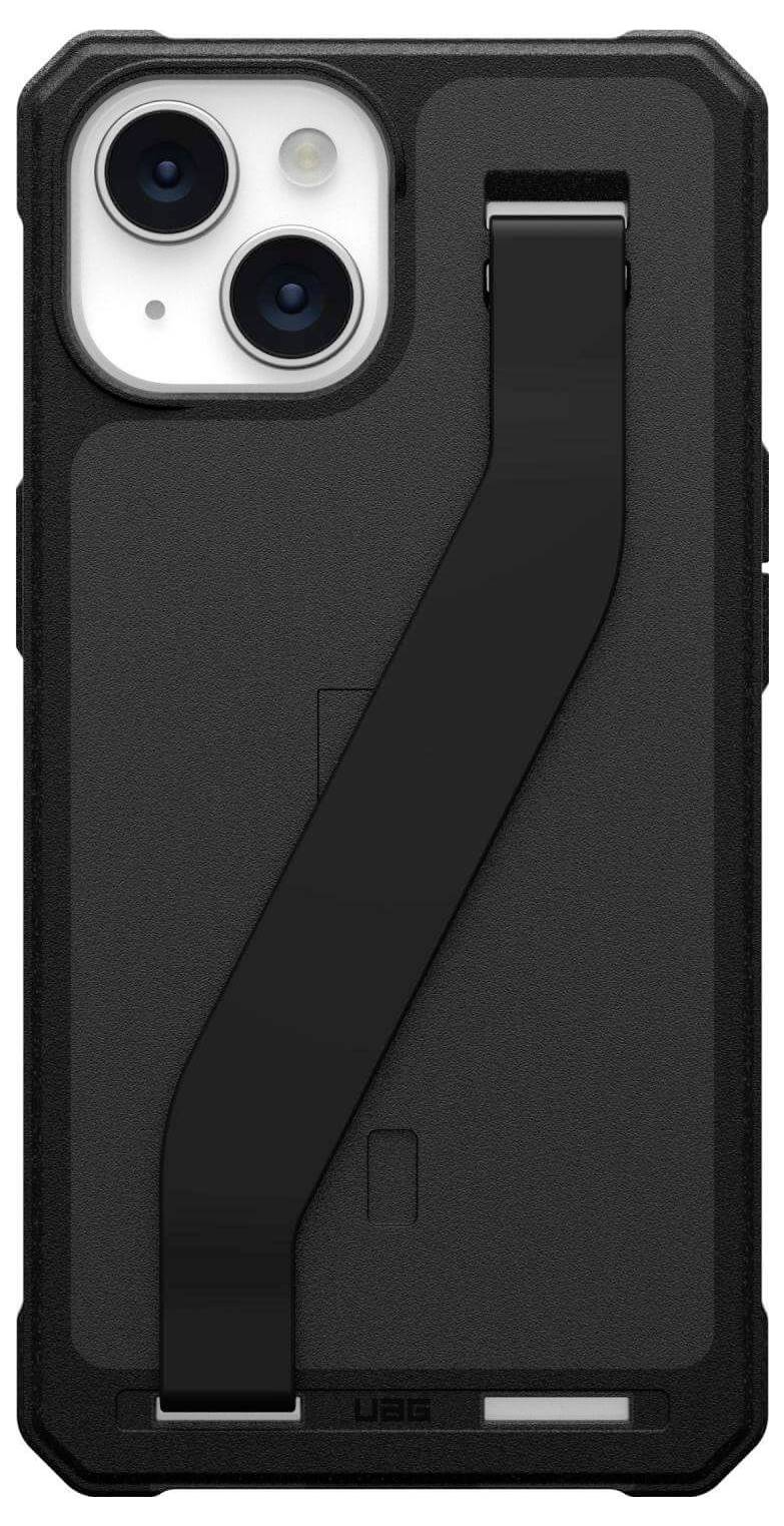 Czarny, wytrzymały pokrowiec na telefon z wbudowaną podstawką do iPhone'a, z podwójnymi wycięciami na aparaty i wzmocnionym paskiem antypoślizgowym na tylnej części obudowy.