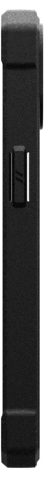 Widok z boku szczupłego, prostokątnego czarnego obiektu, prawdopodobnie urządzenia elektronicznego, z widocznym przyciskiem po jego stronie.