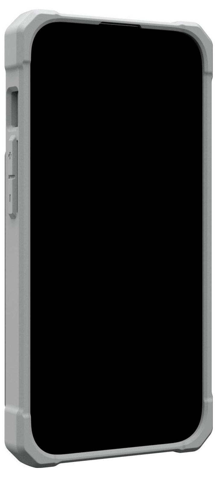 Smartfon w szarym etui ochronnym, z pustym czarnym ekranem, jest ustawiony pionowo na białym tle.