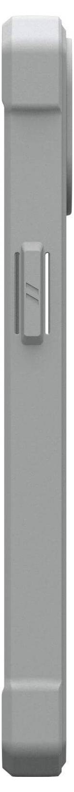 Szary prostokątny obiekt widziany z boku z wystającym przyciskiem lub włącznikiem pośrodku.