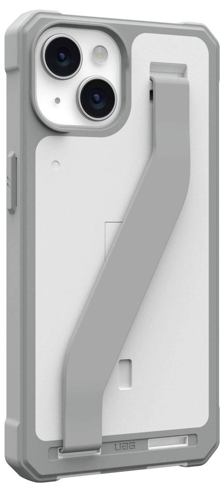 Smartfon w obudowie ochronnej z dużą, szarą, ukośną podstawką z tyłu, z dwoma obiektywami aparatu w górnym rogu.