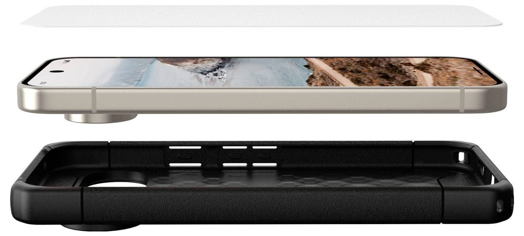 Widok rozłożony smartfona, prezentujący ochronne etui i warstwę ochronną ekranu, podkreślający aparat telefonu i tapetę z krajobrazem wybrzeża.