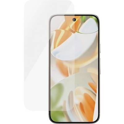 Smartfon z kolorową abstrakcyjną tapetą wyświetlającą odcienie pomarańczowego, białego i zielonego, zabezpieczony przezroczystą folią ochronną na ekranie.