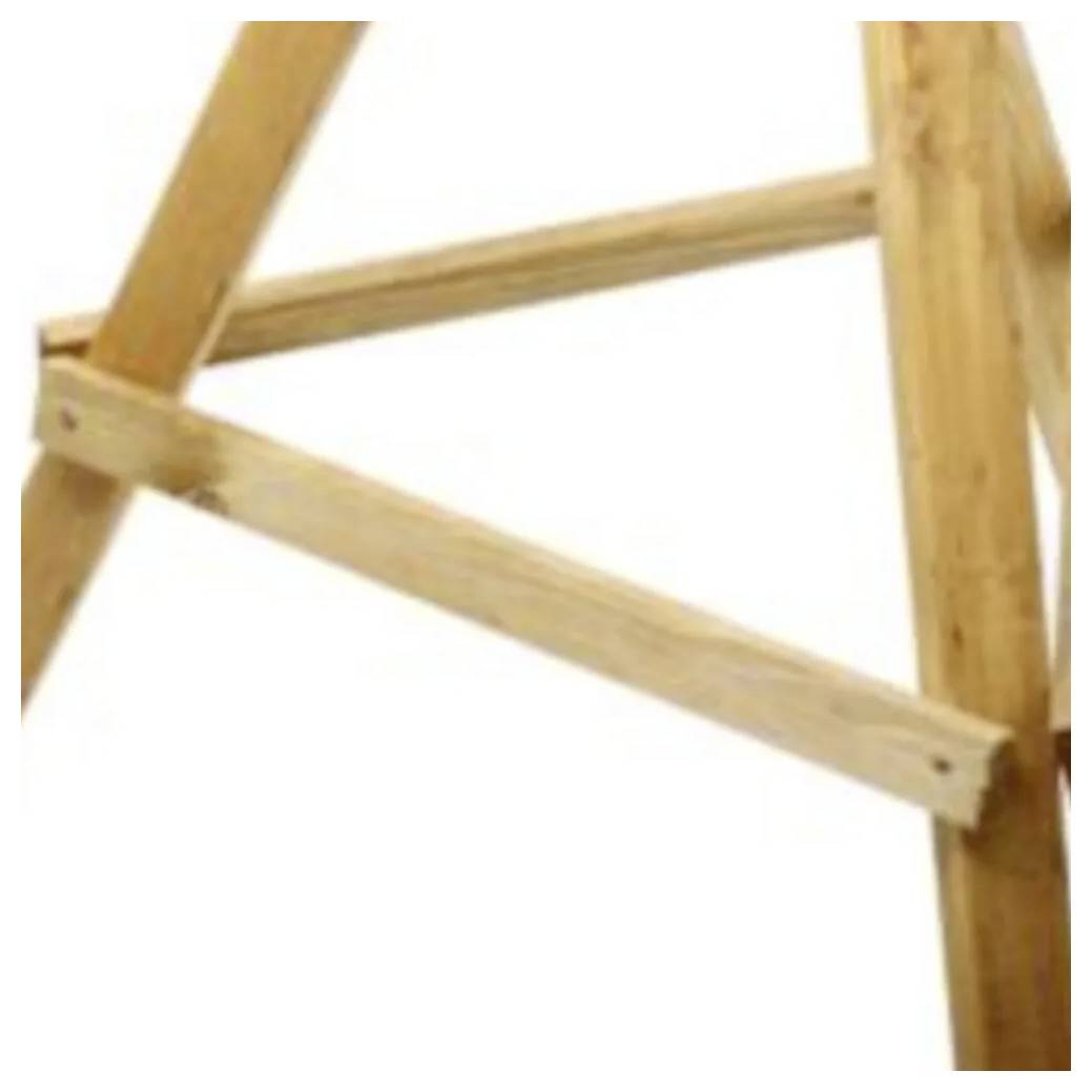 Drewniana struktura z krzyżowo ułożonymi belkami, przypominająca element ramy podtrzymującej lub sztalugi, wykonana z drewna w naturalnym, niemalowanym wykończeniu.