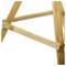 Drewniana struktura z krzyżowo ułożonymi belkami, przypominająca element ramy podtrzymującej lub sztalugi, wykonana z drewna w naturalnym, niemalowanym wykończeniu.