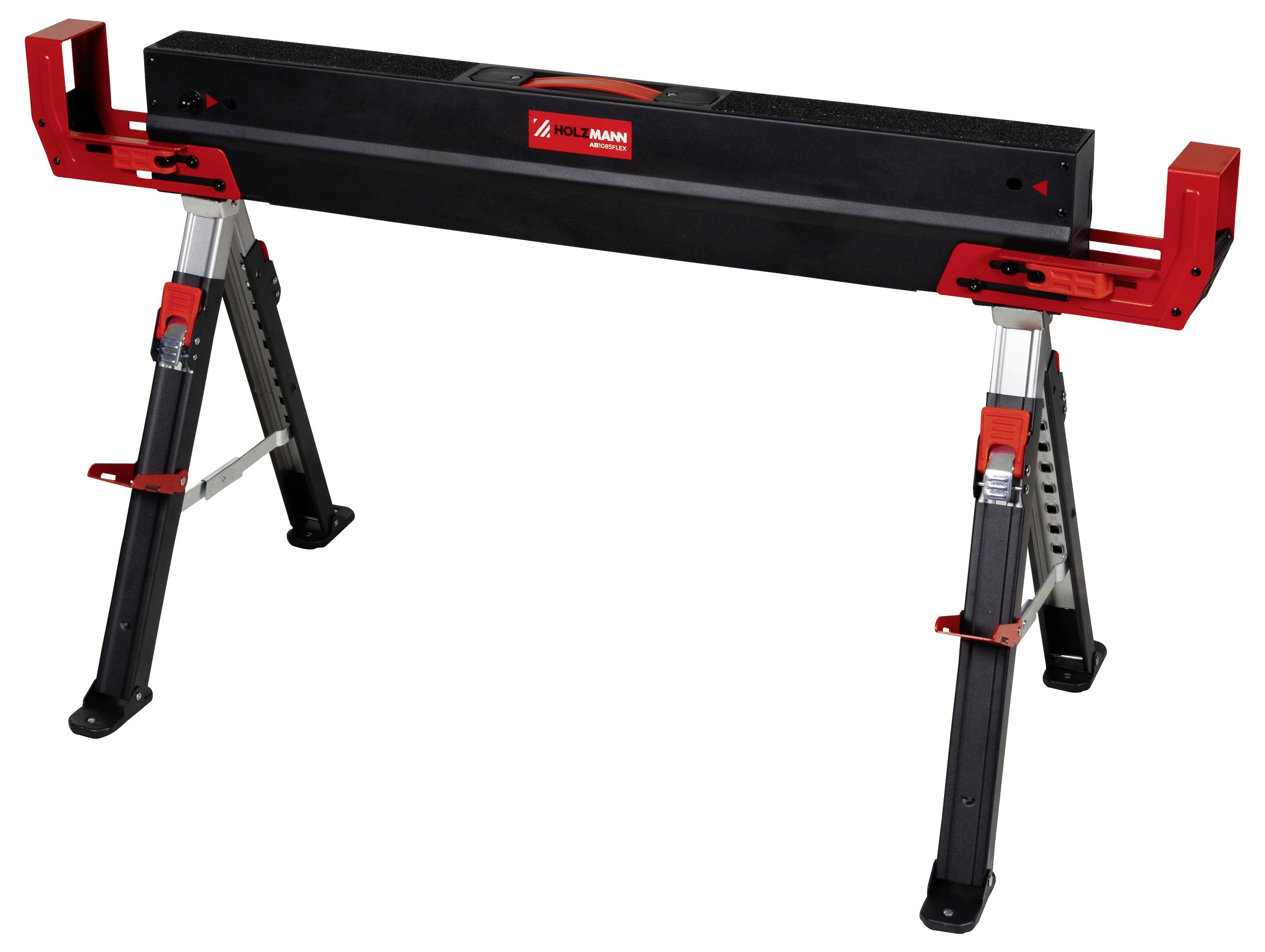 Czerwono-czarny, teleskopowy, przenośny kozioł warsztatowy z regulowanymi nogami i składaną konstrukcją, odpowiedni do podtrzymywania materiałów podczas prac budowlanych lub majsterkowania.