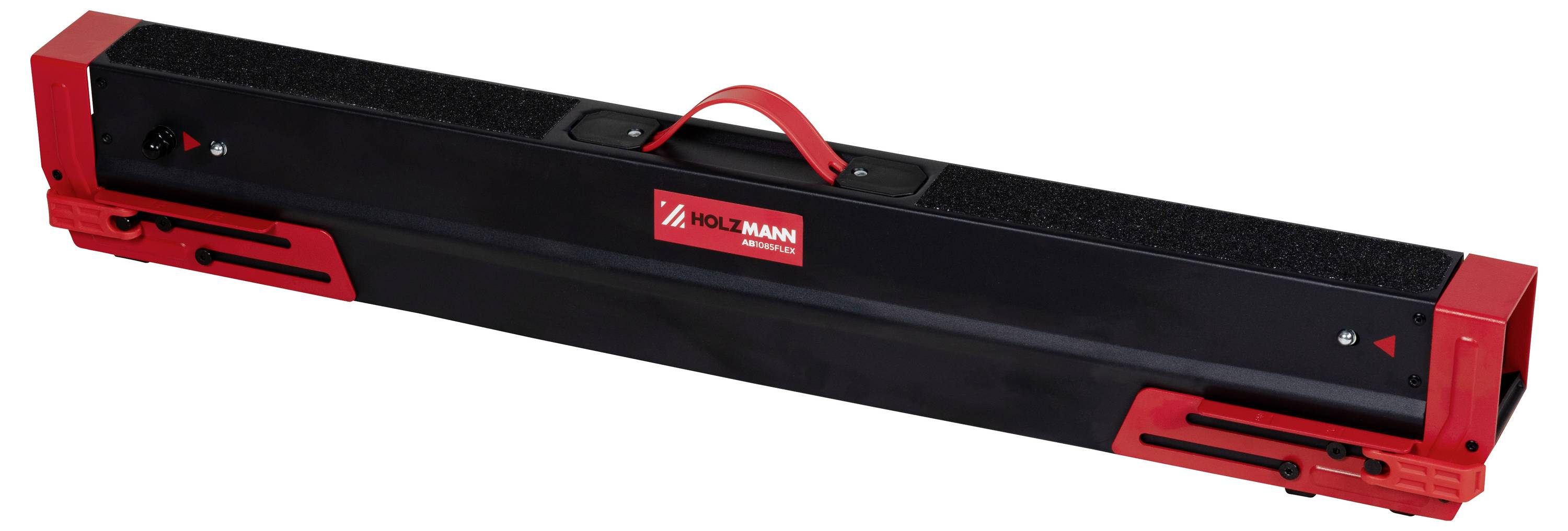 Czarne i czerwone narzędzie ręczne z uchwytem do przenoszenia i etykietą z napisem 'Holzmann'. Narzędzie wydaje się przenośne i przeznaczone do zadań manualnych.
