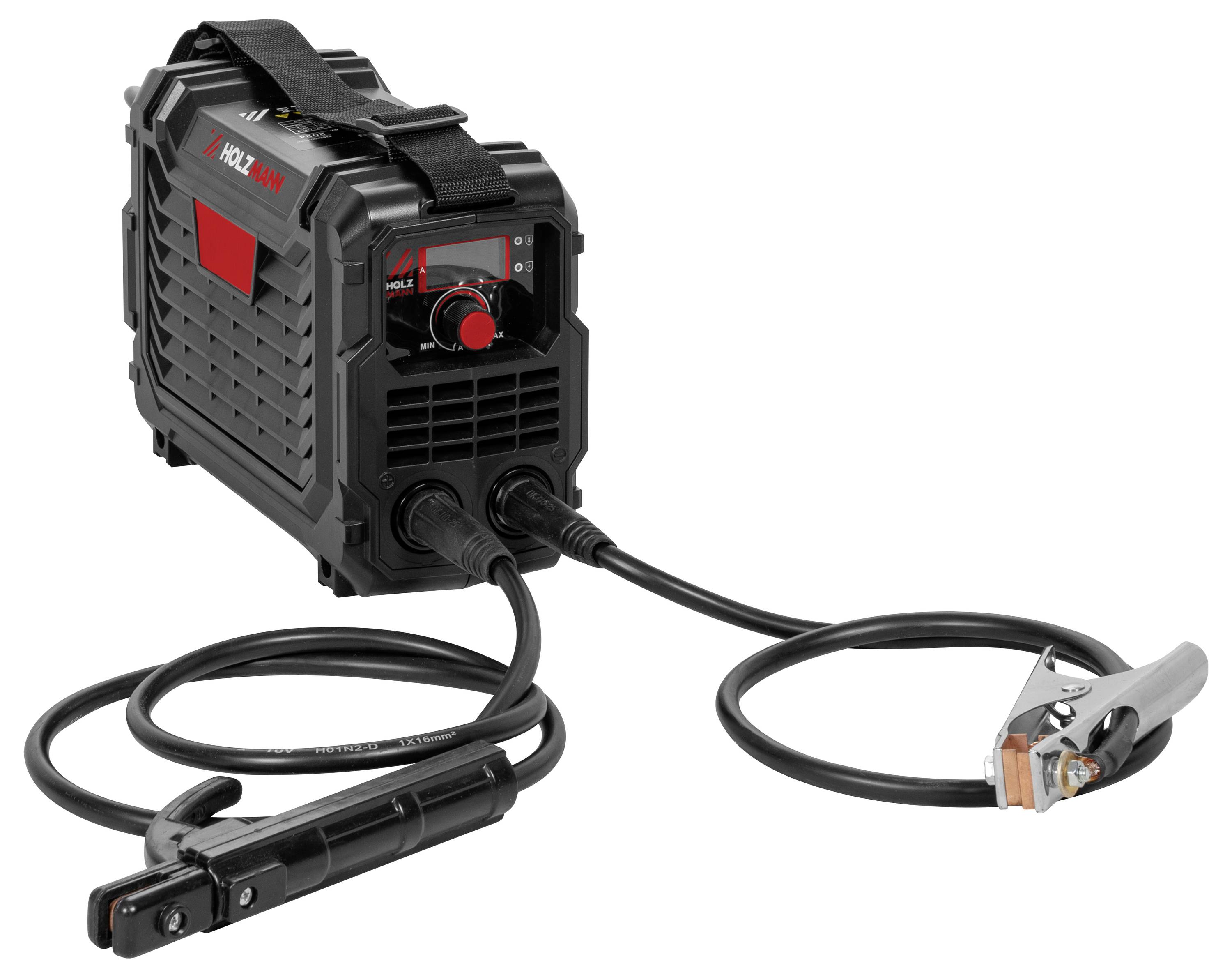 Czarna i czerwona spawarka z podłączonymi kablami, umieszczona na białym tle.