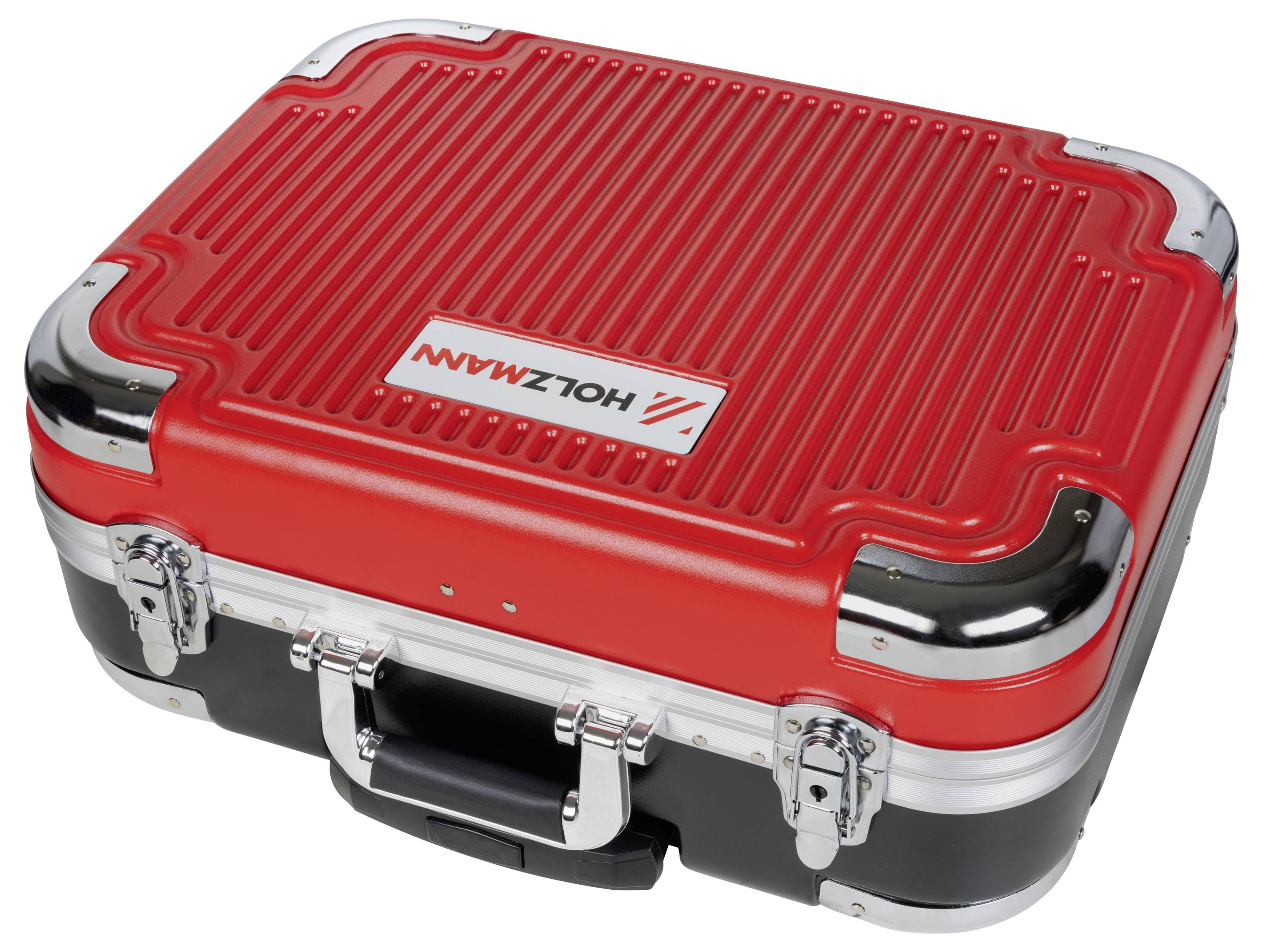 Solidny, czerwono-czarny twardy futerał transportowy z metalowymi akcentami, zatrzaskami i uchwytem, z logo 'HOLZMANN' na górnej części.