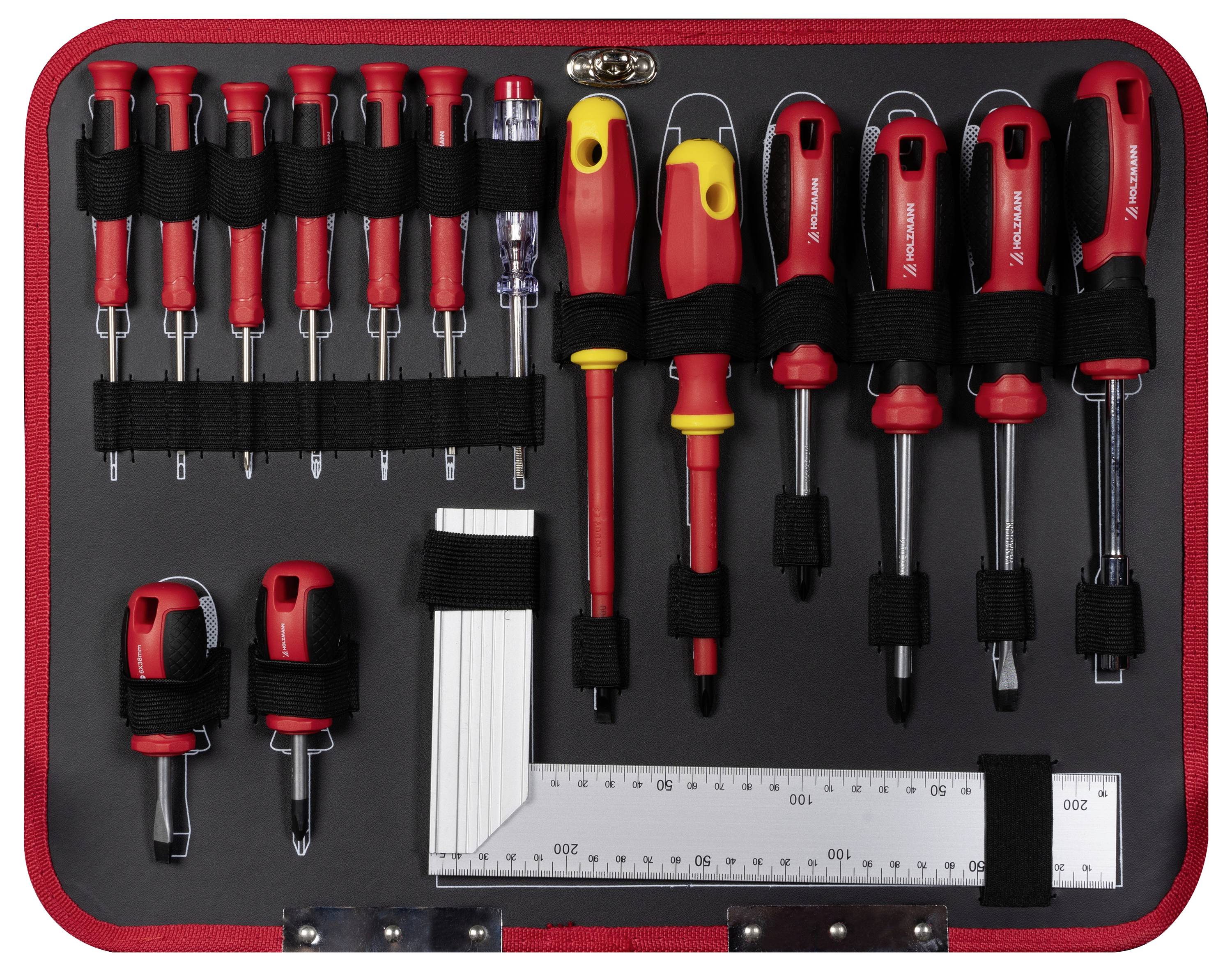 Zestaw izolowanych wkrętaków i narzędzi umieszczonych w przenośnym etui. Narzędzia obejmują różne wkrętaki oraz linijkę pomiarową.