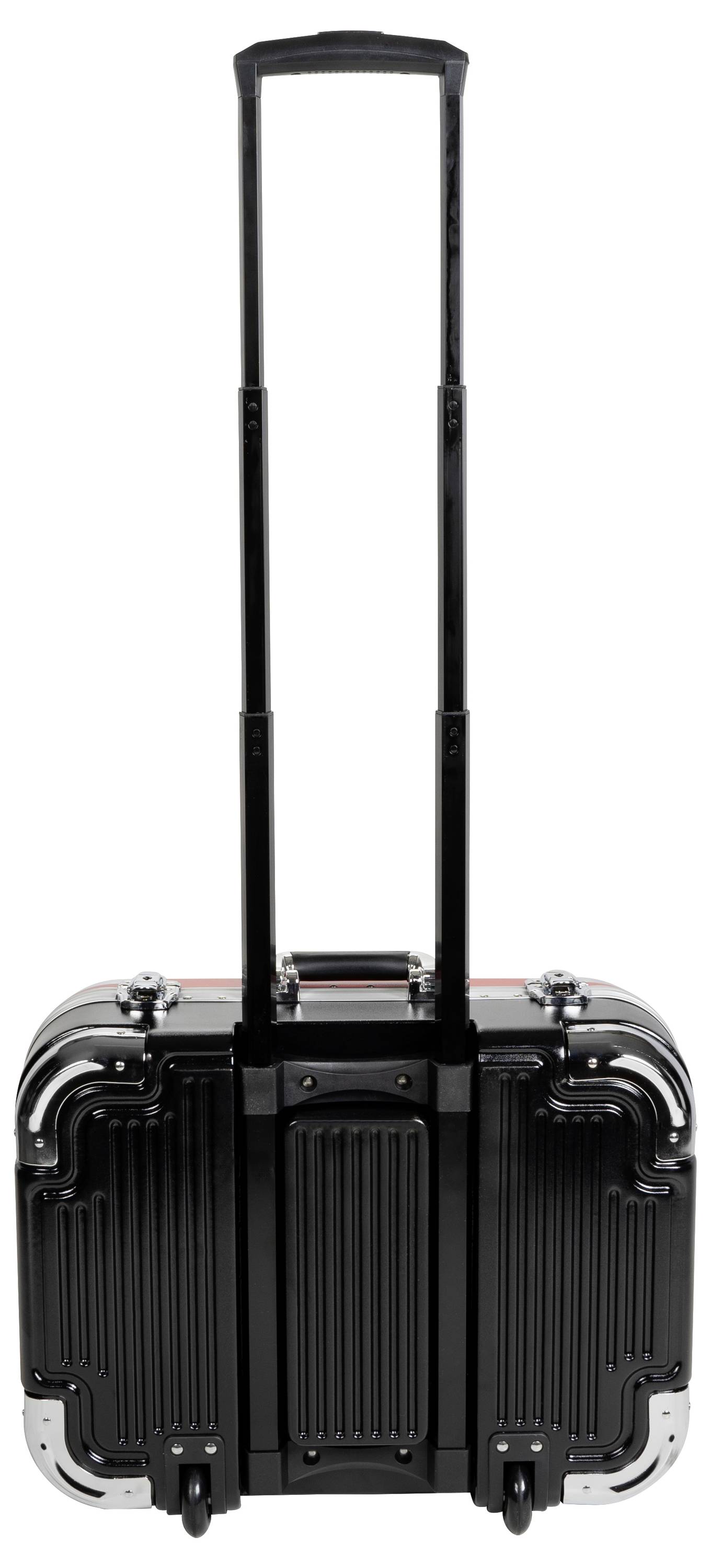Czarna walizka na kółkach z wysuwaną rączką, wykonana z twardej obudowy, z srebrnymi metalowymi akcentami i małymi kółkami u podstawy.