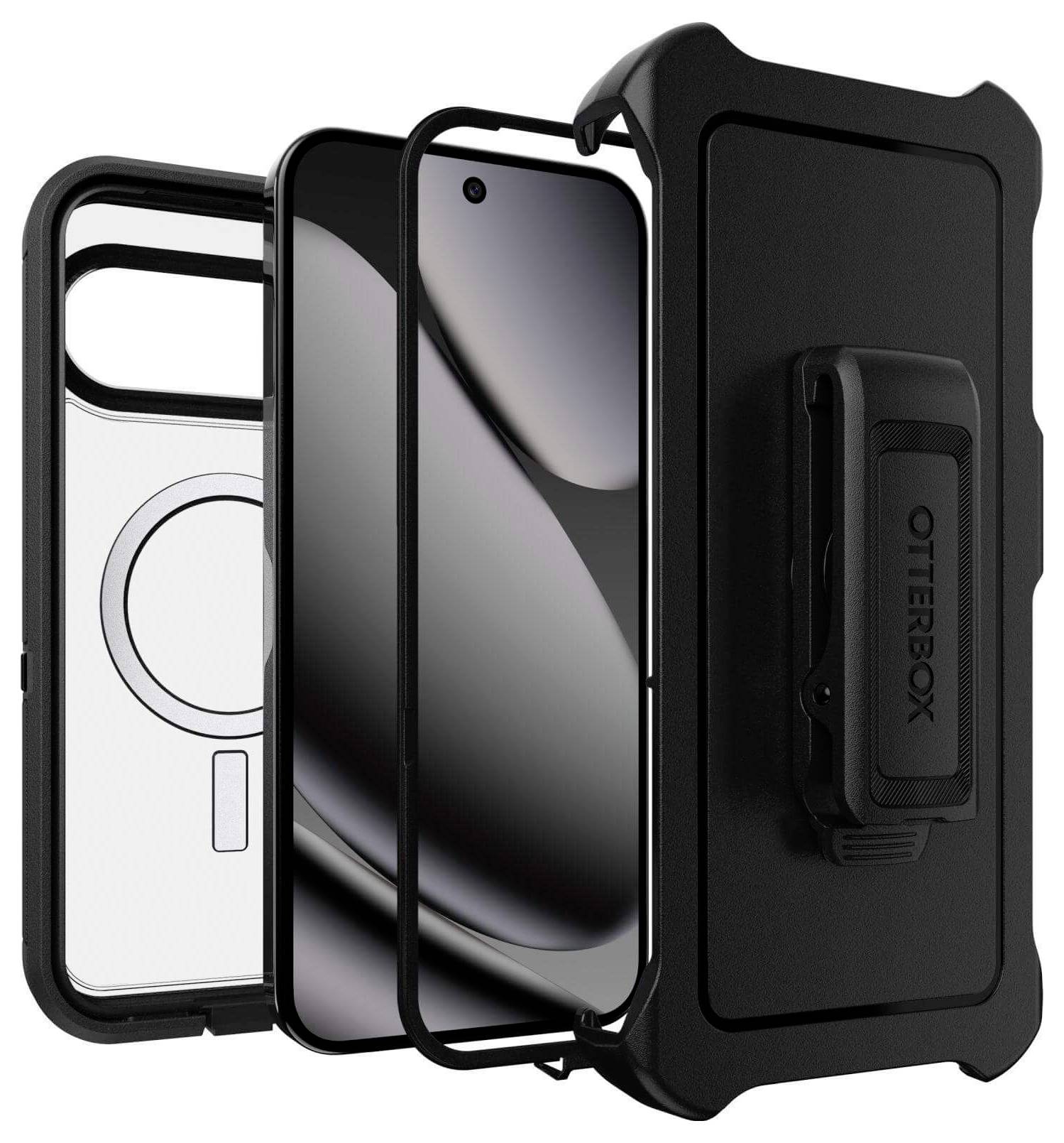 Widok rozstrzelony wytrzymałego etui na telefon z klipsem do paska i kompatybilnością z MagSafe, prezentujący wiele warstw zapewniających ochronę i funkcjonalność.