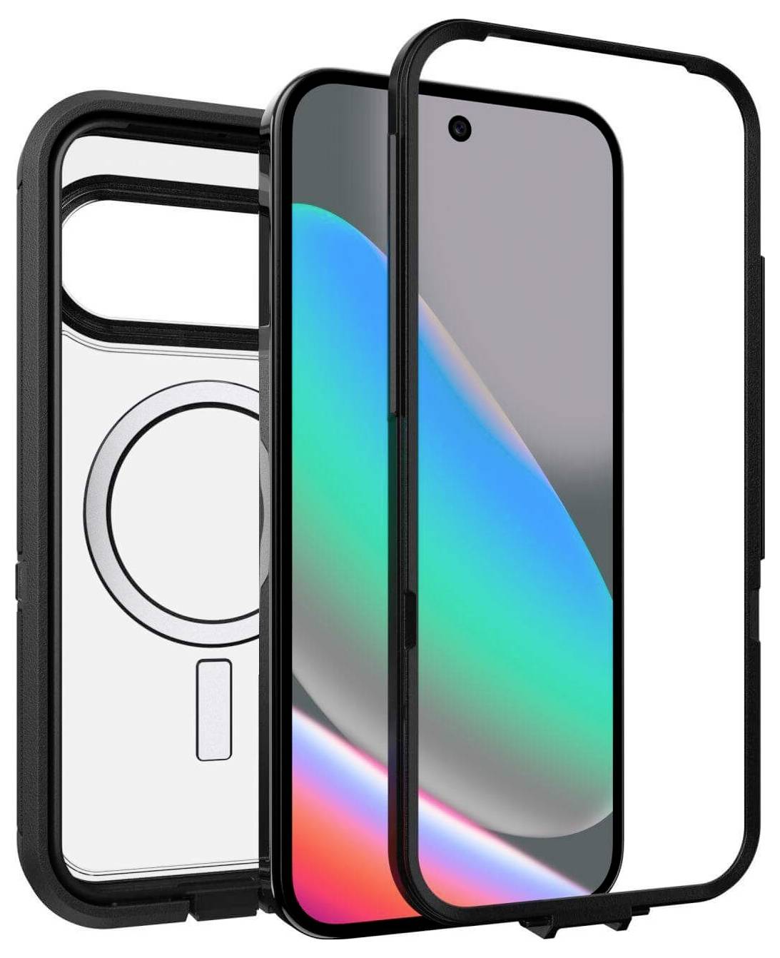 Ochronne etui na telefon z wbudowaną folią ochronną na ekran, prezentujące przezroczystą tylną część, magnetyczny pierścień do mocowania oraz osłonę obiektywu aparatu.