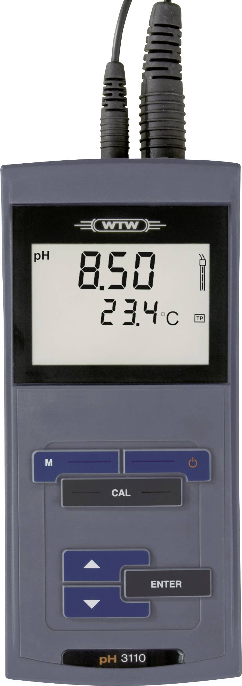 Obraz przedstawia urządzenie ręczne wyświetlające poziom pH 8,50 oraz temperaturę 23,4°C, używane do pomiaru jakości wody.