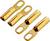 Cztery złocone złącza elektryczne z podłużnymi otworami, ułożone na skos.