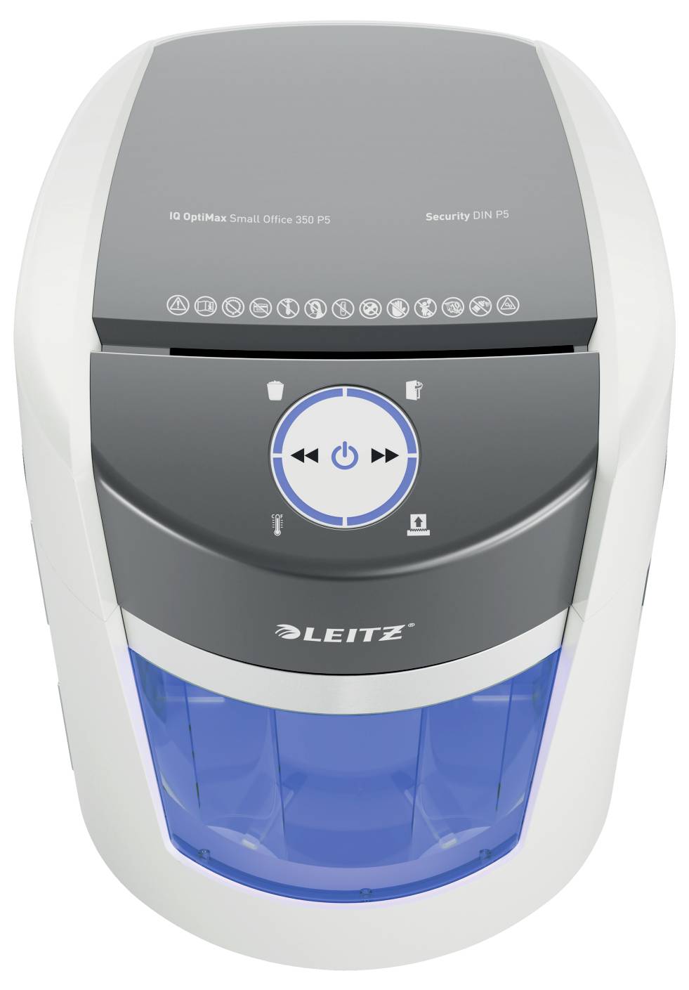 Biało-szara niszczarka dokumentów z niebieskim pojemnikiem, wyposażona w przyciski sterujące i logo Leitz na przedniej części.