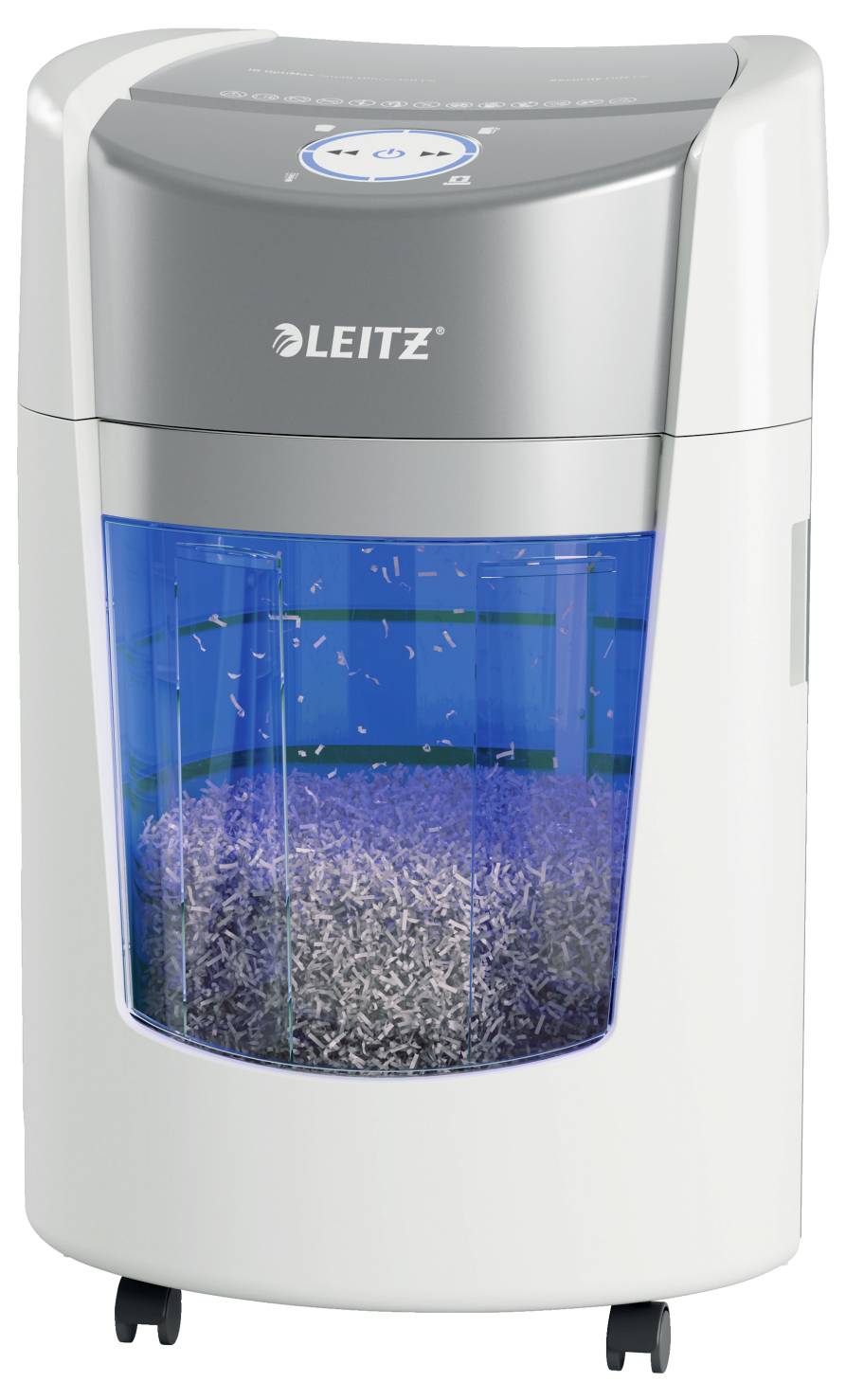 Biały niszczarka dokumentów z przezroczystą sekcją ukazującą pocięte papiery wewnątrz. Nazwa marki jest wyświetlona u góry.