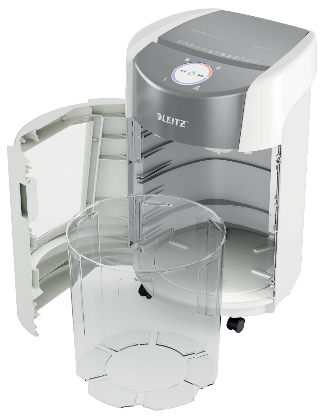 Elektryczna niszczarka dokumentów z otwartą pokrywą, ukazująca wewnętrzny mechanizm niszczenia oraz wyjmowalny, przezroczysty pojemnik na ścinki umieszczony przed nią.