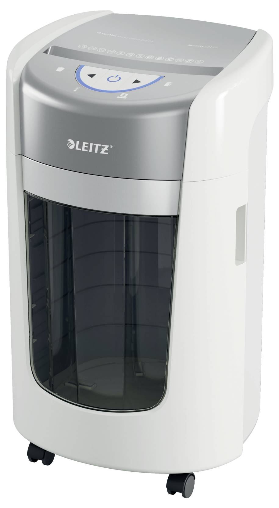 'Biało-srebrny niszczarka dokumentów z przezroczystym pojemnikiem, eleganckim designem i kółkami do przemieszczania, z marką LEITZ.'