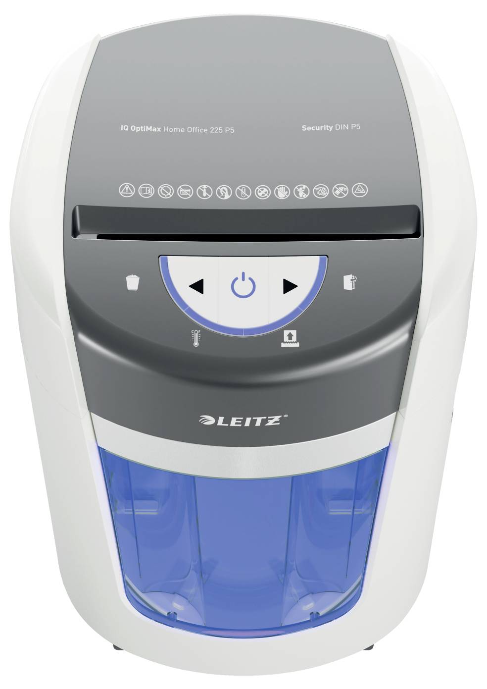 Biały i szary niszczarka dokumentów z niebieskim koszem, z przyciskami sterującymi na górze i wyświetloną marką 'Leitz' na przedniej części.