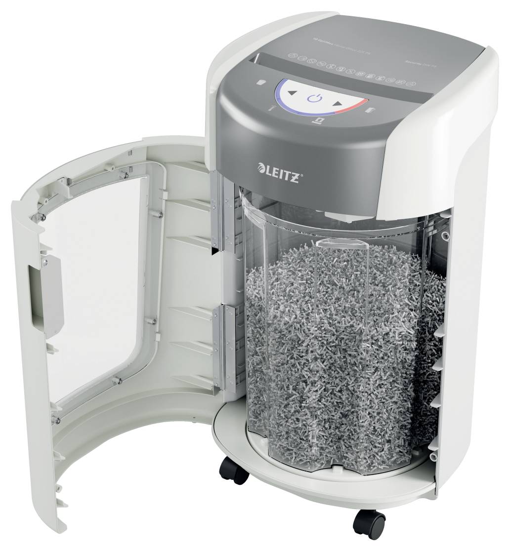 Biały niszczarka dokumentów z otwartymi drzwiczkami, wewnątrz której widać pocięte kartki papieru. Na górnym panelu widoczne są przyciski i kontrolka zasilania.