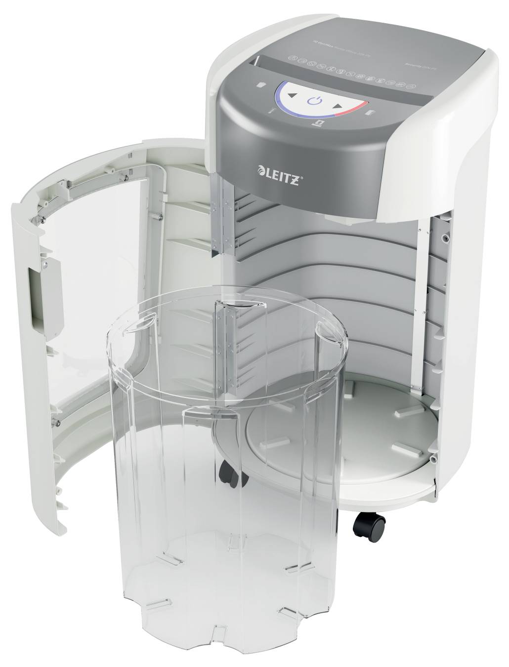 Niszczarka Leitz z otwartymi drzwiczkami, prezentująca wewnętrzny kosz i mechanizm niszczący, zaprojektowana do utylizacji i zarządzania dokumentami biurowymi.