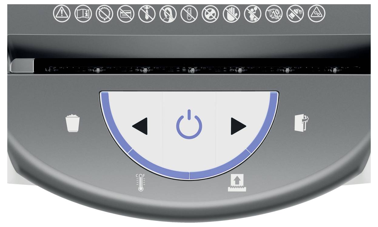 Zbliżenie panelu sterowania niszczarki dokumentów z przyciskami zasilania i kierunkowymi. Symbole nad panelem przedstawiają instrukcje użycia oraz ostrzeżenia ostrożnościowe.