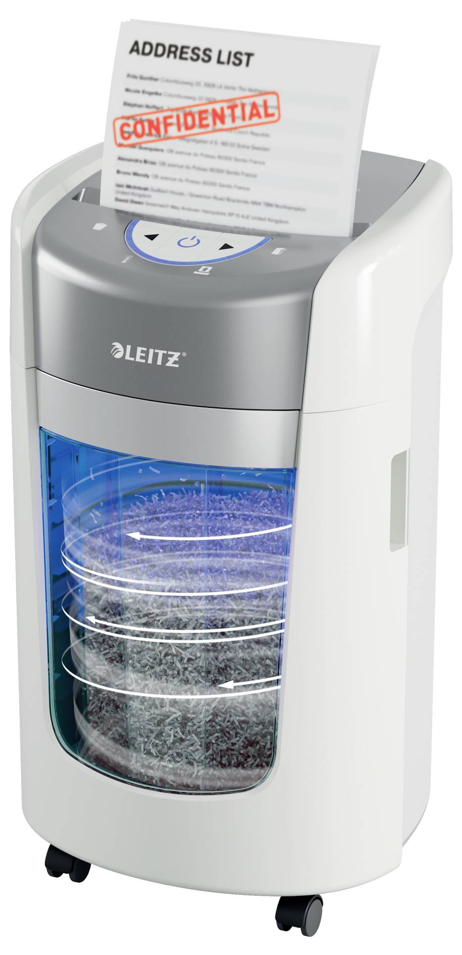 Niszczarka papieru oznaczona napisem 'Leitz' niszczy dokument zatytułowany 'LISTA ADRESOWA' z czerwoną pieczęcią 'POUFNE' na górze.