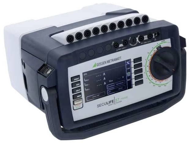 Przenośne urządzenie do testowania elektrycznego z pokrętłem, wieloma portami wejściowymi oraz wyświetlaczem LCD do pomiaru parametrów elektrycznych.