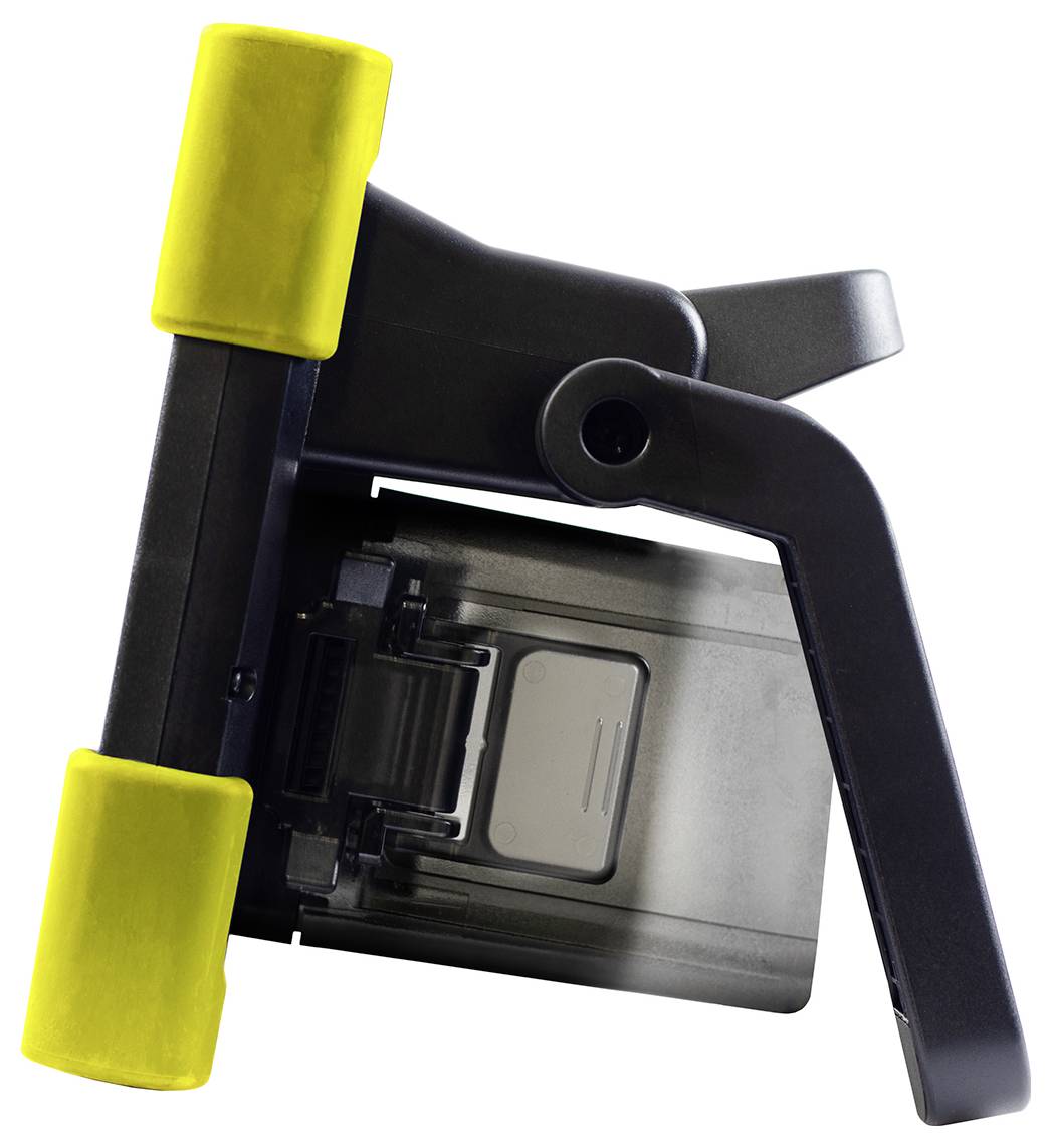 Czarny i żółty uchwyt na tablet z uchwytami po bokach, zaprojektowany do pewnego i stabilnego mocowania.