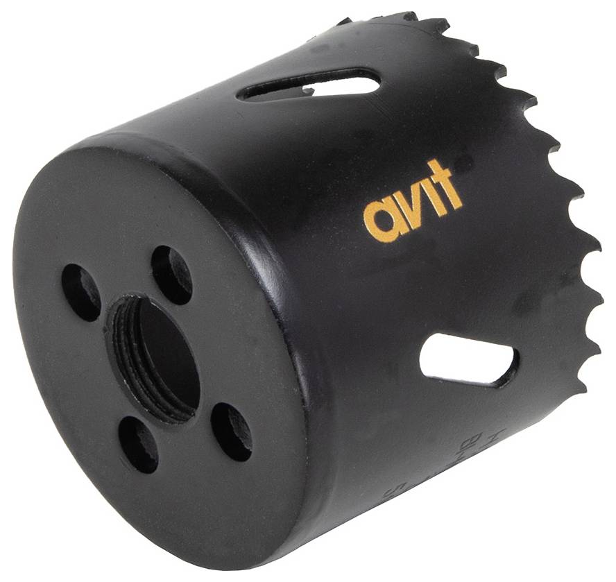 Czarna piła otwornica z ząbkowaną krawędzią i otworami wentylacyjnymi, oznaczona pomarańczowymi literami 'avr', używana do wycinania okrągłych otworów w materiałach.