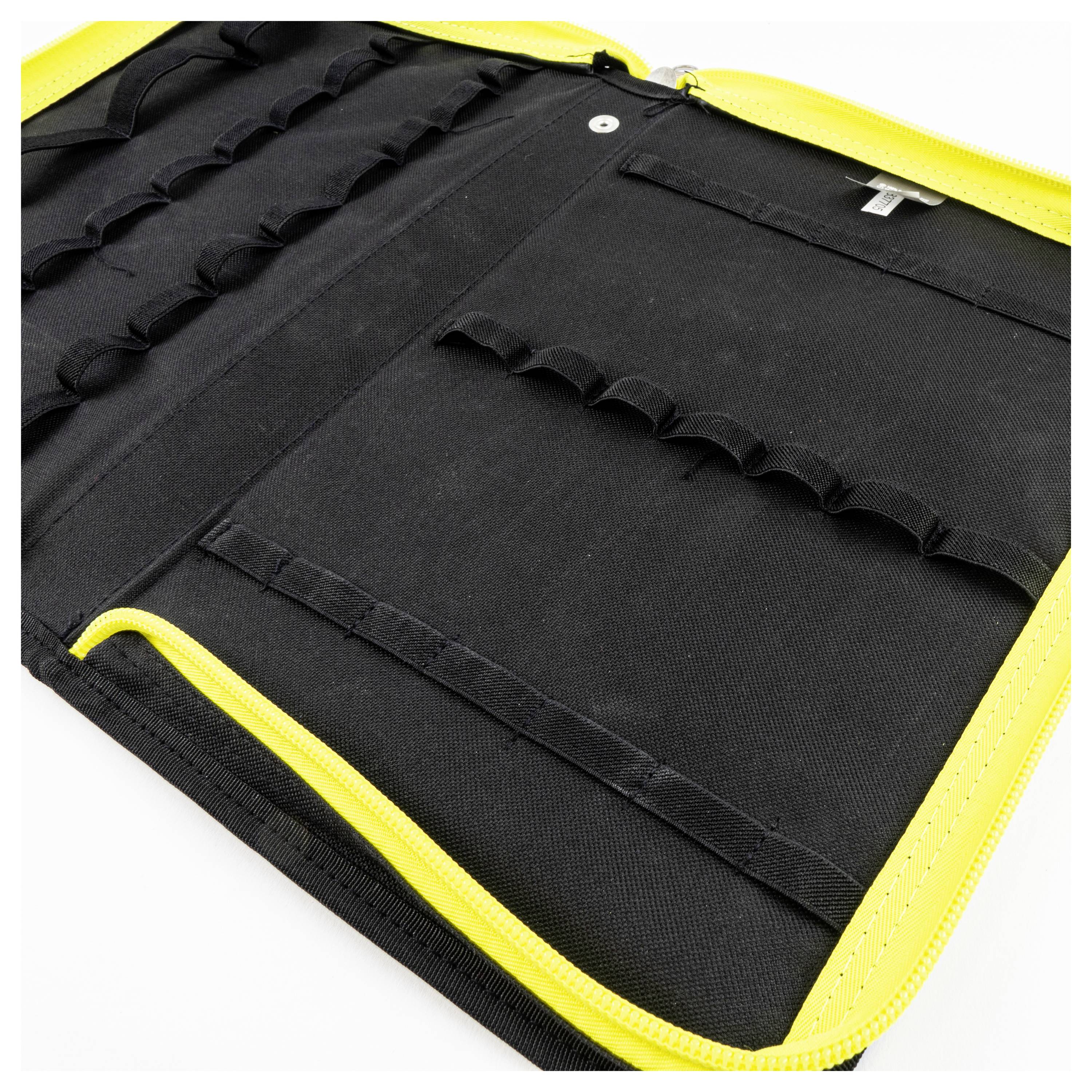 Otwórz czarno-żółty pokrowiec z tkaniny z kieszeniami i elastycznymi pętlami, zaprojektowany do bezpiecznego przechowywania narzędzi lub akcesoriów.