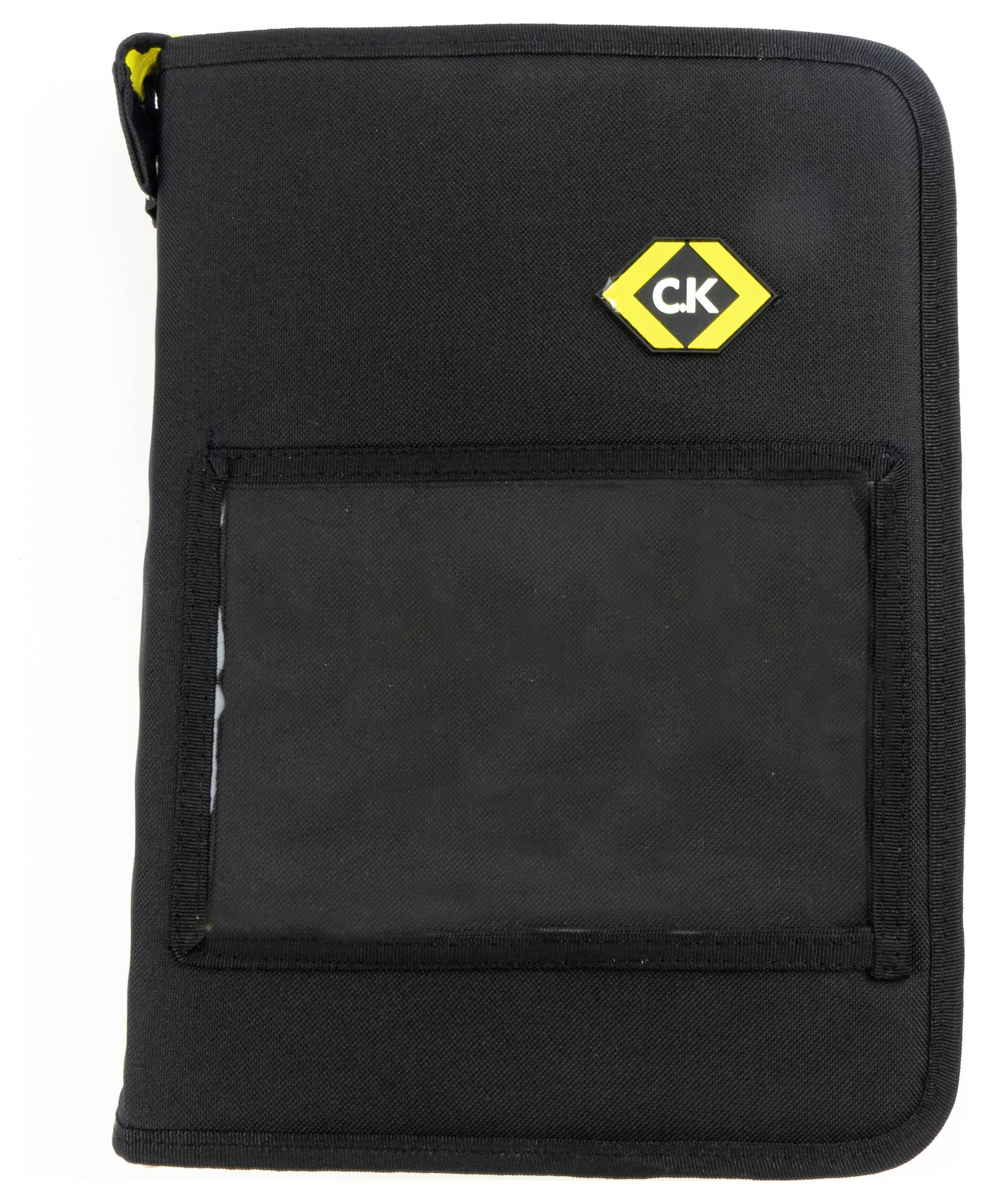 Czarna torba na narzędzia zapinana na zamek błyskawiczny z żółtym logo w kształcie sześciokąta w prawym górnym rogu.