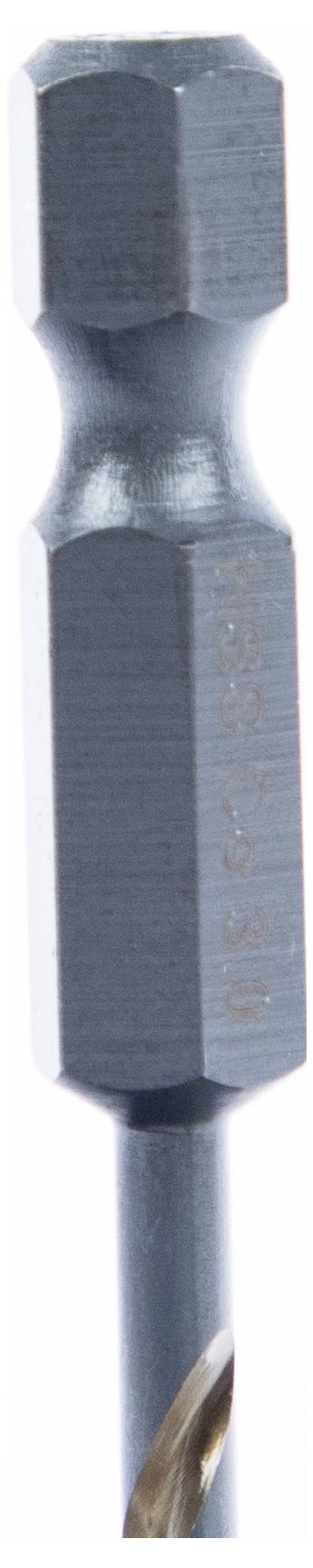 Zbliżony widok metalowego wiertła z sześciokątnym chwytem, podkreślający jego metaliczny połysk i precyzyjne krawędzie, zaprojektowany do wydajnych operacji wiercenia.
