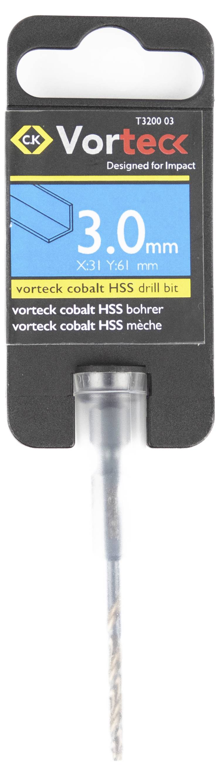 Wiertło HSS kobaltowe o średnicy 3,0 mm z serii Vortex w opakowaniu, z numerem części T3200 03 i hasłem przewodnim 'Zaprojektowane do pracy udarowej'.