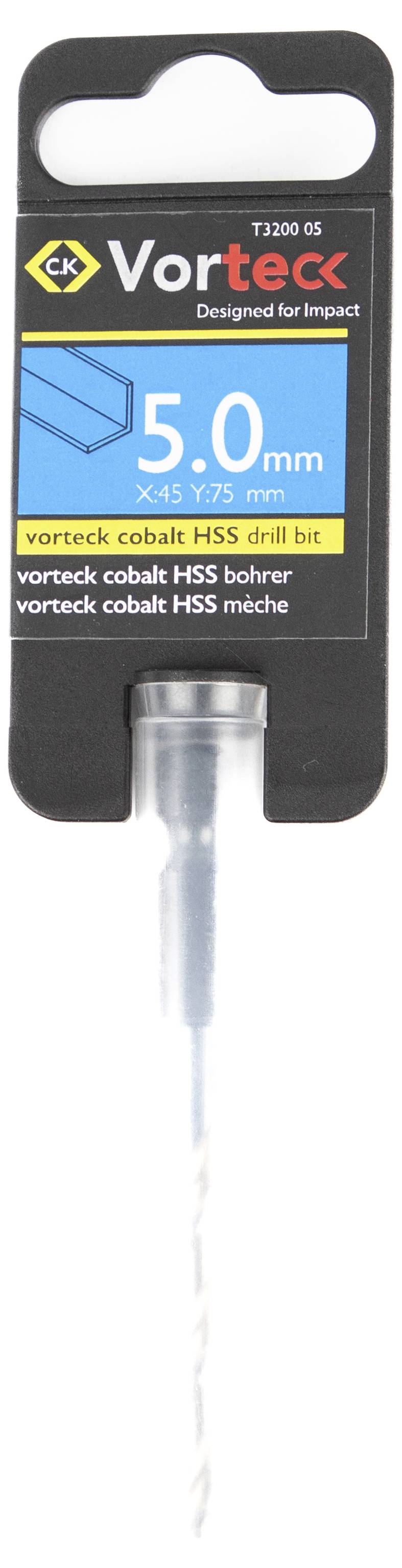 Paczka zawierająca wiertło z kobaltu HSS Vorteck o średnicy 5,0 mm, oznaczone jako przeznaczone do pracy udarowej.