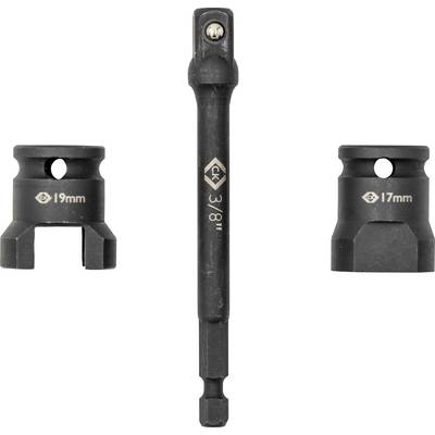 Zestaw adapterów gniazd posiada 3-calowe przedłużenie nasadki oznaczone napisem '3" 3/8"' na środku, z towarzyszącymi gniazkami '19mm' i '17mm' po obu stronach.