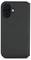 Czarny, teksturowany futerał na telefon widoczny od tyłu, z wycięciami na aparat i lekko zaokrąglonymi krawędziami.