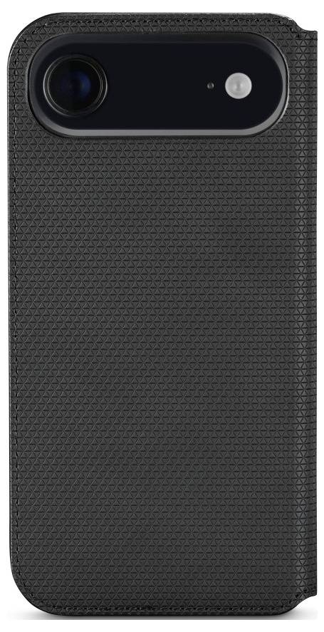 Czarny, teksturowany pokrowiec na telefon z wycięciem na obiektyw aparatu w lewym górnym rogu.