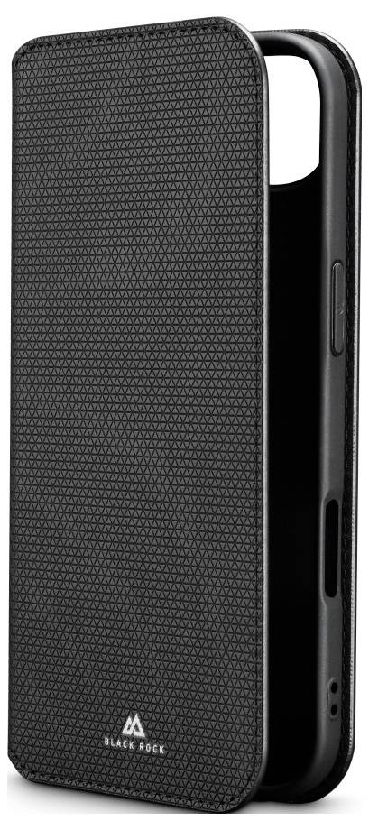 Czarny futerał na telefon z teksturowaną powierzchnią i logo 'Black Rock', zaprojektowany, aby pasować do smartfona, przedstawiony w pionowej, otwartej pozycji.