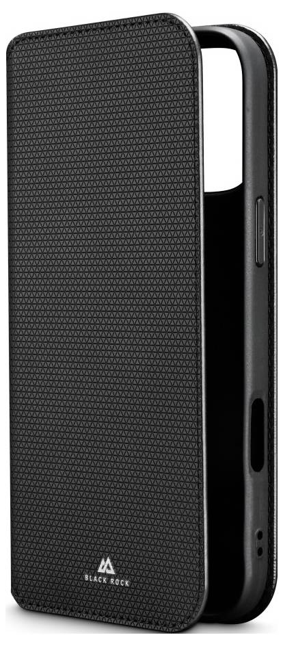 Czarny pokrowiec na smartfona z klapką, o fakturowanej powierzchni, z wycięciem na aparat i porty, na którym wyświetlona jest nazwa marki 'Black Rock'.