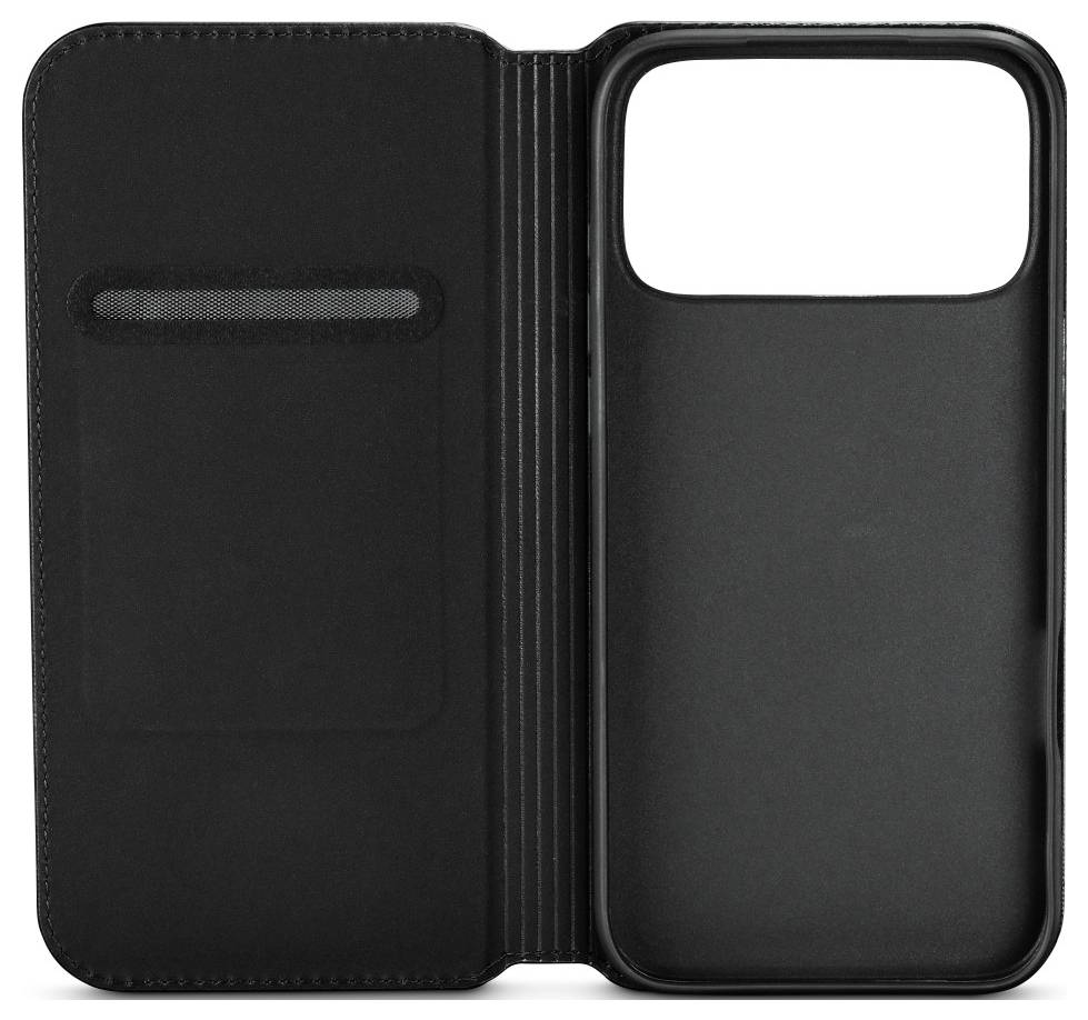 Czarny pokrowiec na smartfona w stylu portfela z dedykowaną kieszenią na karty, zaprojektowany, aby chronić telefon podczas przechowywania kart.