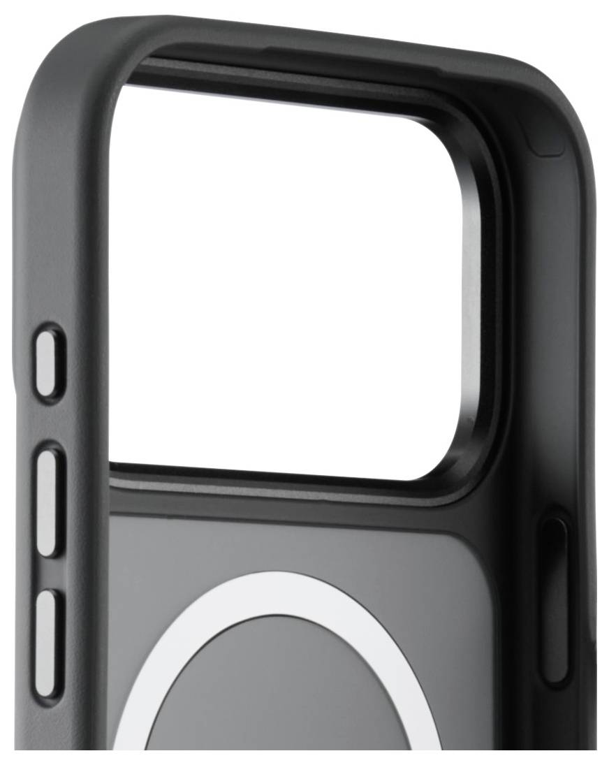 Szary futerał na telefon z wycięciami na przyciski i okrągłym pierścieniem kompatybilnym z MagSafe na tylnej stronie, przeznaczony do smartfona.