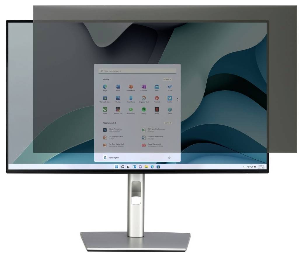 Monitor komputera wyświetla interfejs pulpitu z siatką ikon aplikacji w wyskakującym oknie, na tle niebieskiego abstrakcyjnego tła.
