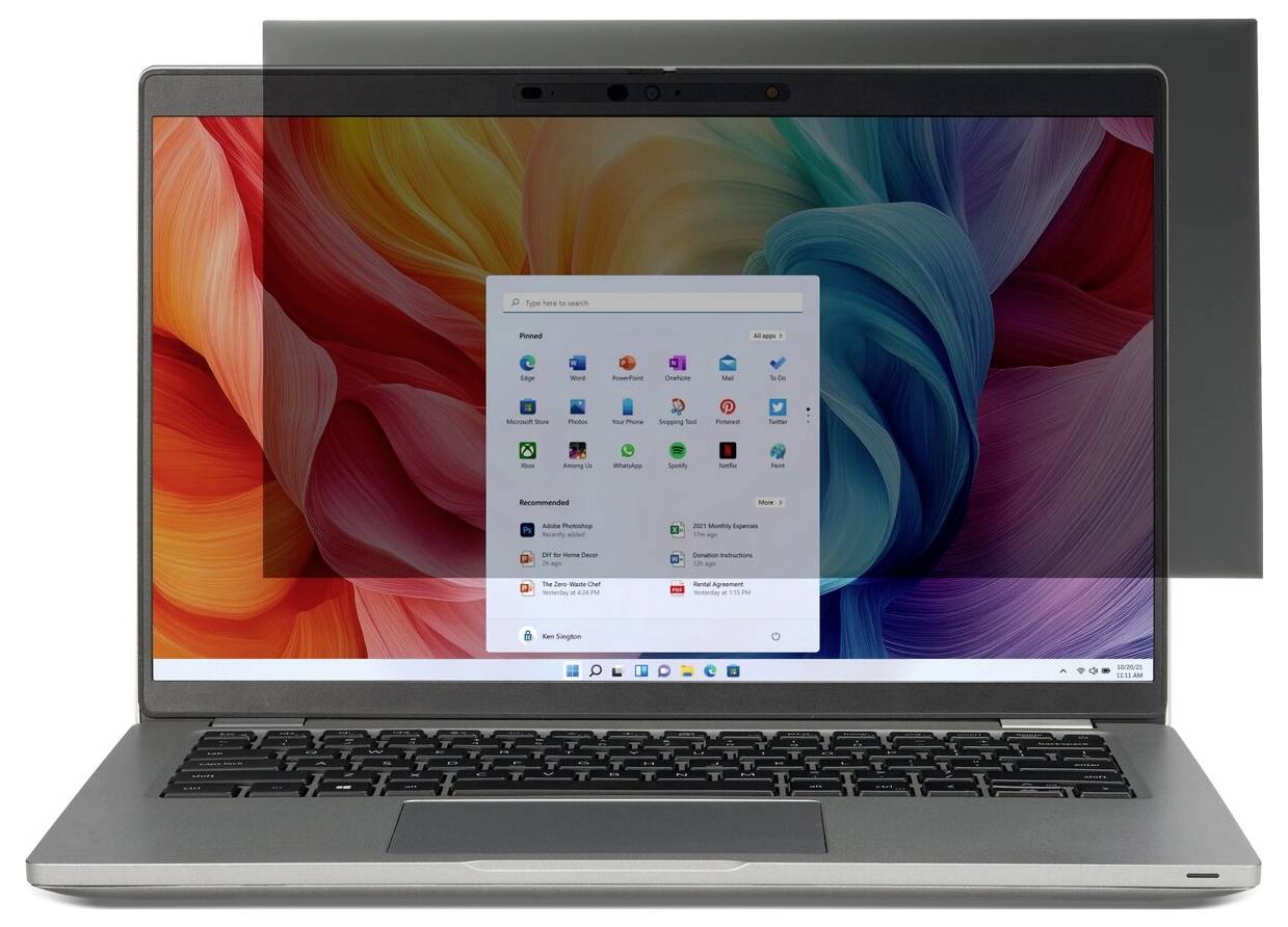 Laptop wyświetlający kolorowe tło abstrakcyjne na ekranie, z filtrem prywatności częściowo zakrywającym prawą stronę, prezentujący interfejs Windows z aplikacjami.