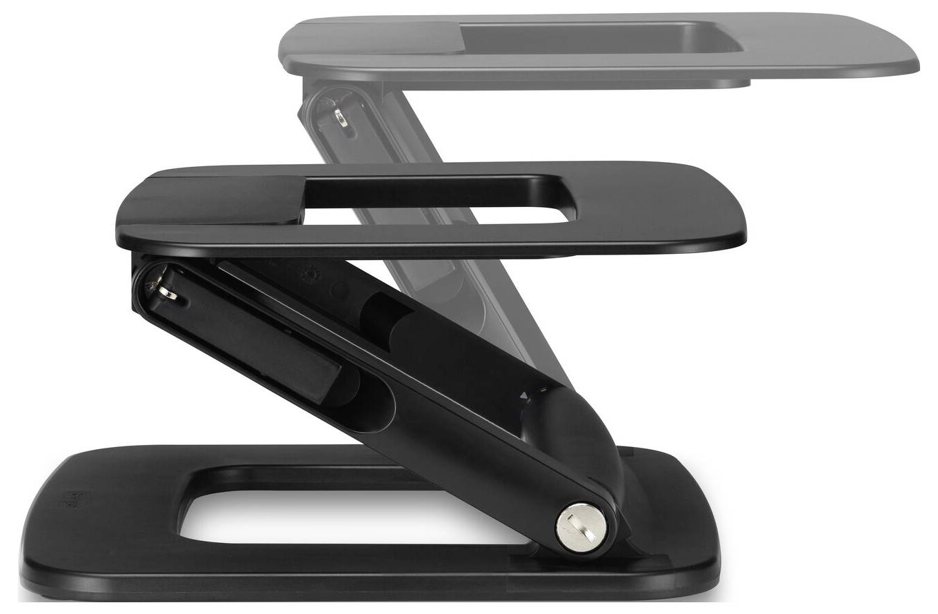 Czarny, regulowany stojak na laptopa w widoku bocznym, prezentujący składane przeguby i podstawę podparcia, demonstrujący przenośny, ergonomiczny design.