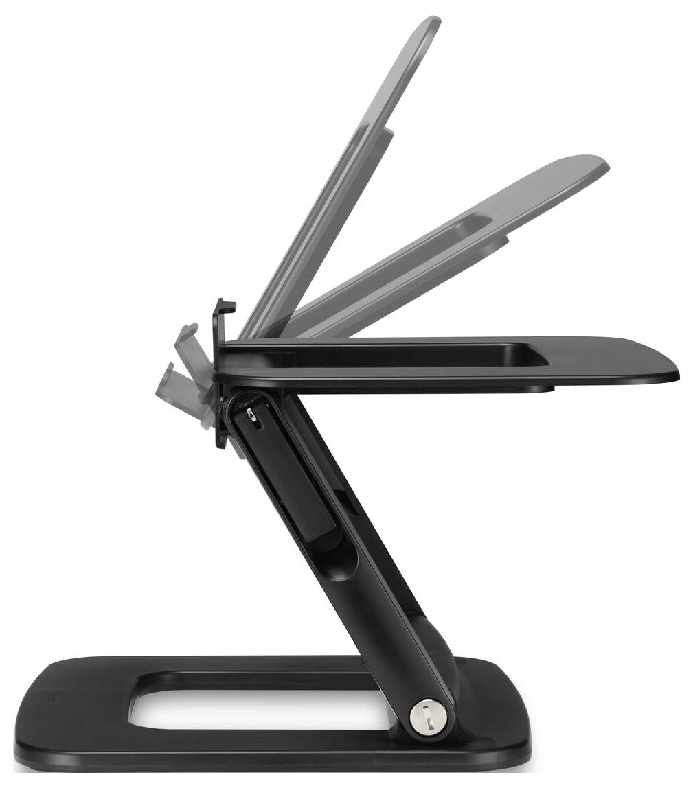 Czarna, regulowana podstawka pod laptopa z wieloma ustawieniami kąta, umożliwiająca różne wysokości wyświetlania oraz ergonomiczne ułożenie urządzenia.