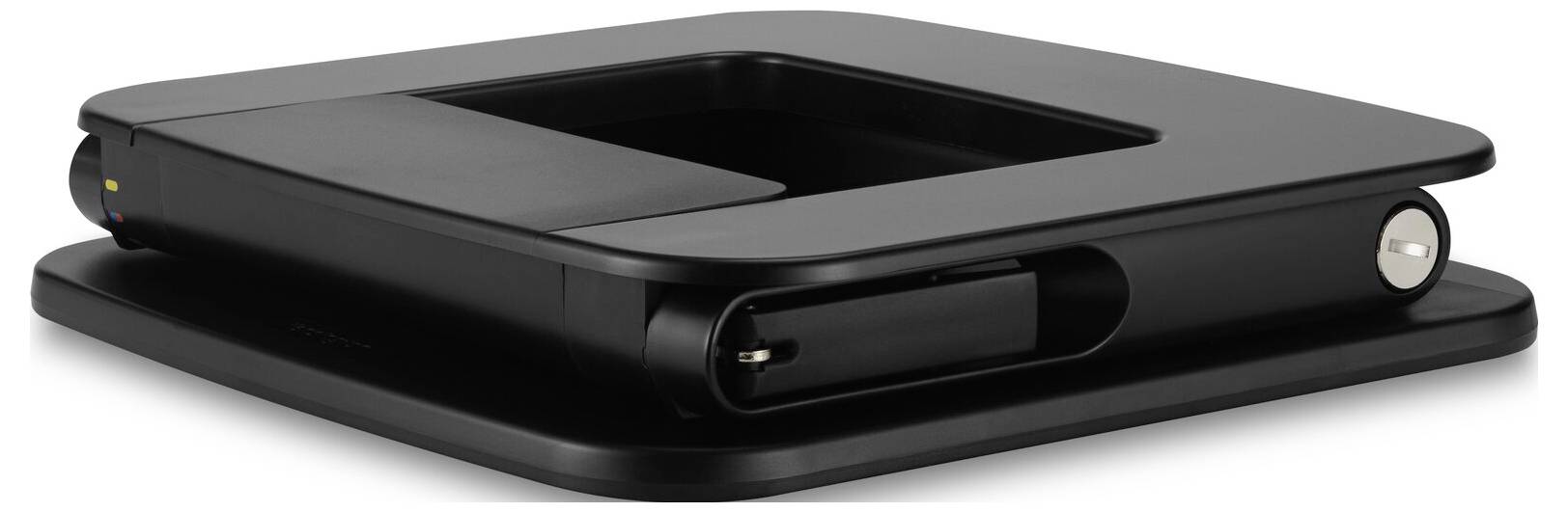 Czarny, kwadratowy elektroniczny przyrząd z centralnym wycięciem i zaokrąglonymi krawędziami, z widocznym przyciskiem zasilania po boku.