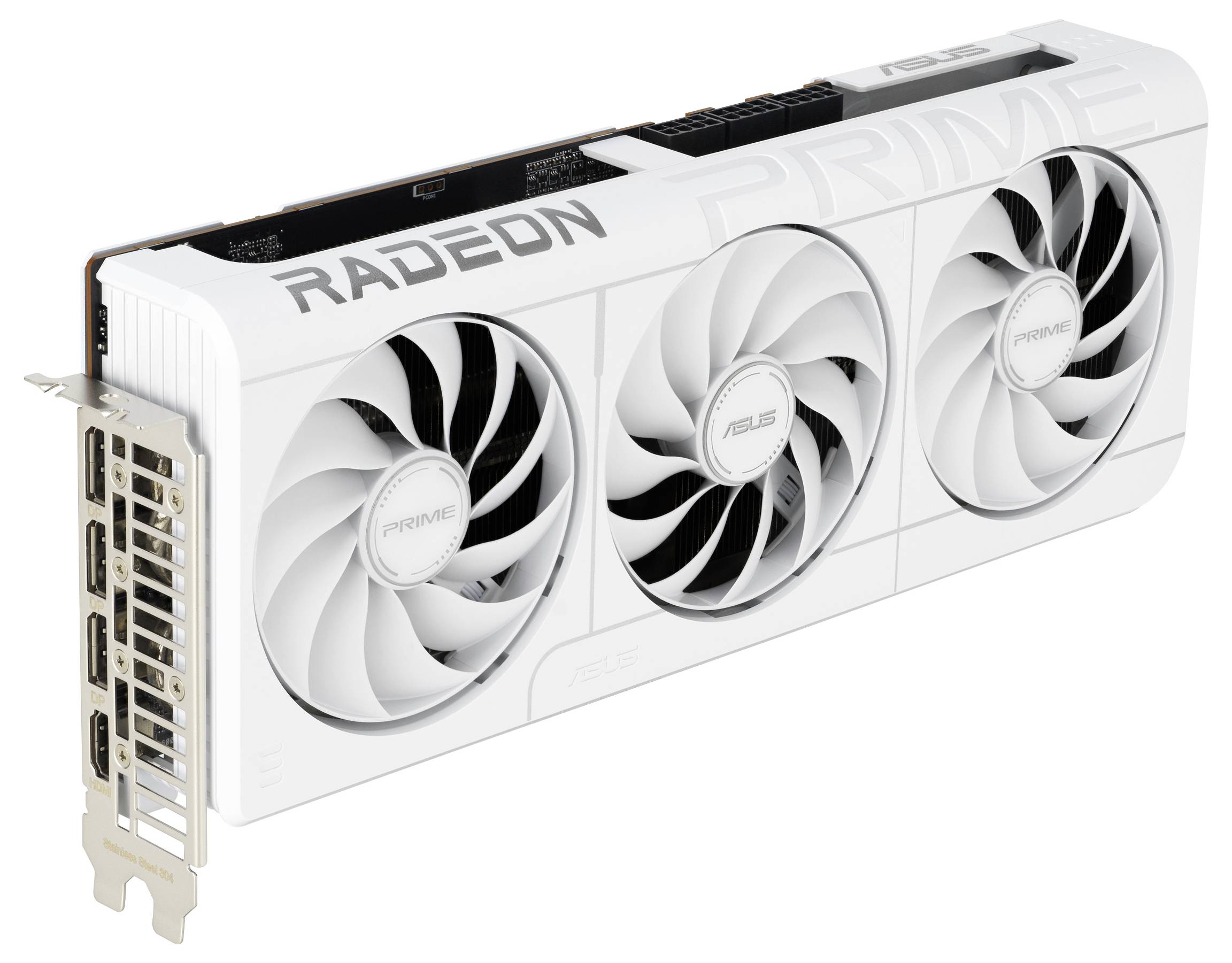 Biała karta graficzna ASUS Radeon z trzema wentylatorami chłodzącymi i wieloma portami wyświetlacza z boku, przeznaczona do komputerów o wysokiej wydajności.